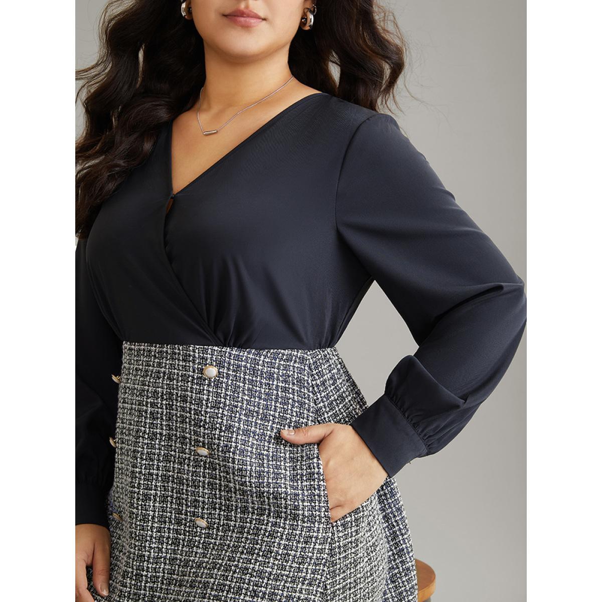 Plus Size Gingham Coarse Tweed Pocket Overlap Collar Dress DarkBlue Women Elegant Texture Overlap Collar Long Sleeve Curvy Midi Dress BloomChic 22-24/3X Product Image
