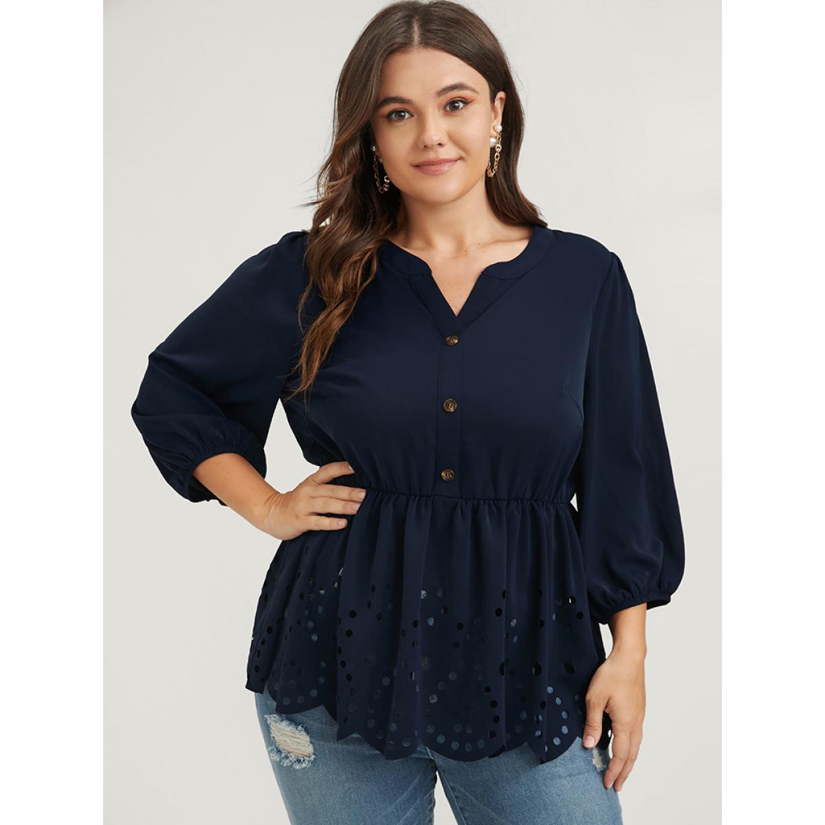 Plus Size DarkBlue Solid Cut Out Ruffles Button Lantern Sleeve Blouse Women Office Elbow-length sleeve V-neck Office Blouses BloomChic 12/L Product Image