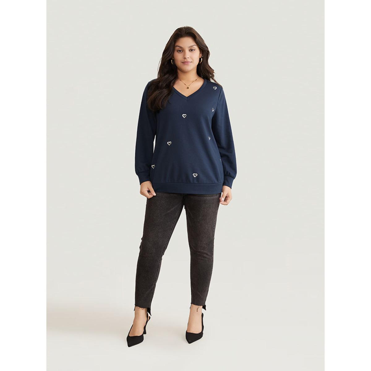 Plus Size Solid Heart Sequin V Neck Sweatshirt Women Indigo Elegant Sequin V-neck Dailywear Sweatshirts BloomChic 12/L Product Image