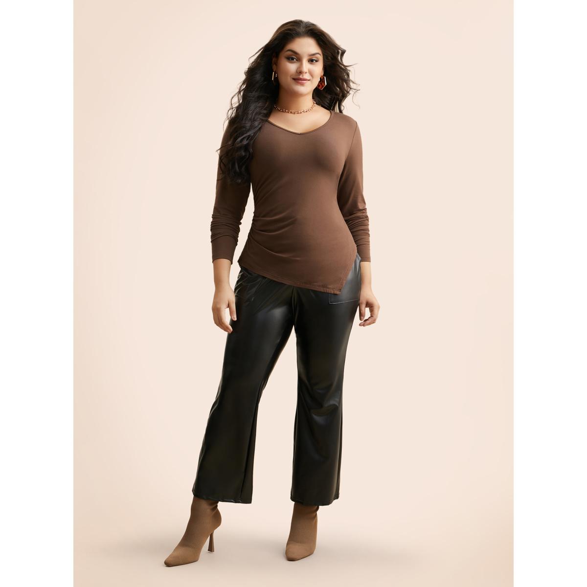 Plus Size V Neck Gathered Asymmetrical Hem T-shirt Browncoffeecolor Women Elegant Gathered V-neck Skinny Everyday T-shirts BloomChic 10/M Product Image