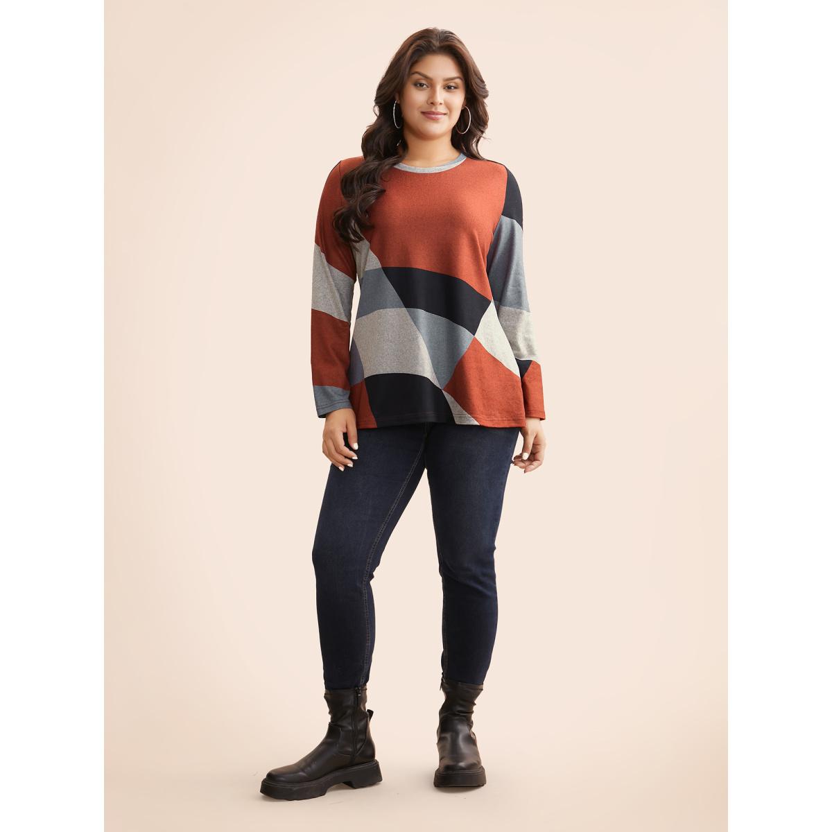 Plus Size Round Neck Colorblock Contrast T-shirt Multicolor Women Casual Contrast Non Everyday T-shirts BloomChic 22-24/3X Product Image