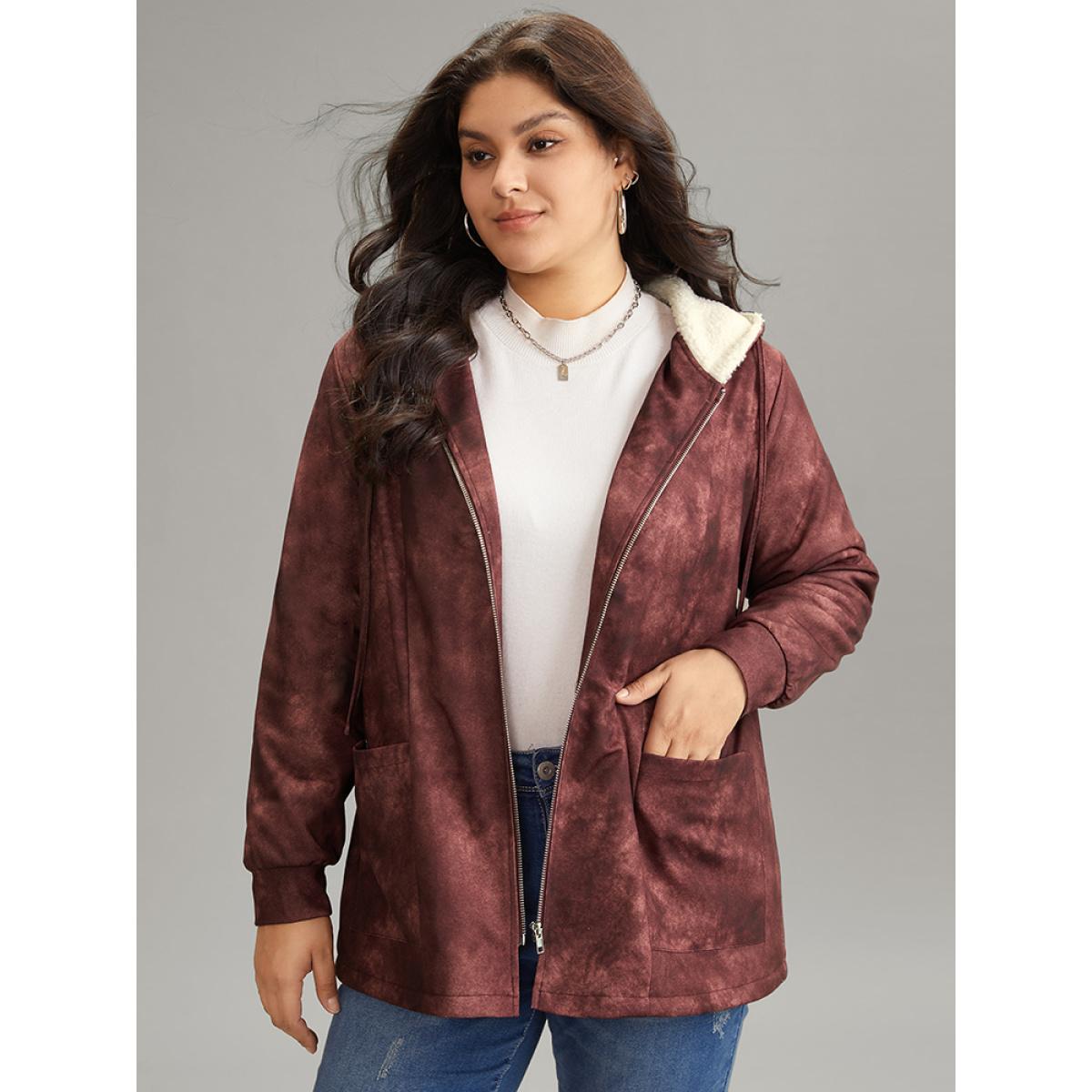 Plus Size Tie Dye Patchwork Fluffy Zipper Hooded Jacket Women Scarlet Lined Pocket Dailywear Jackets BloomChic 10/M Product Image