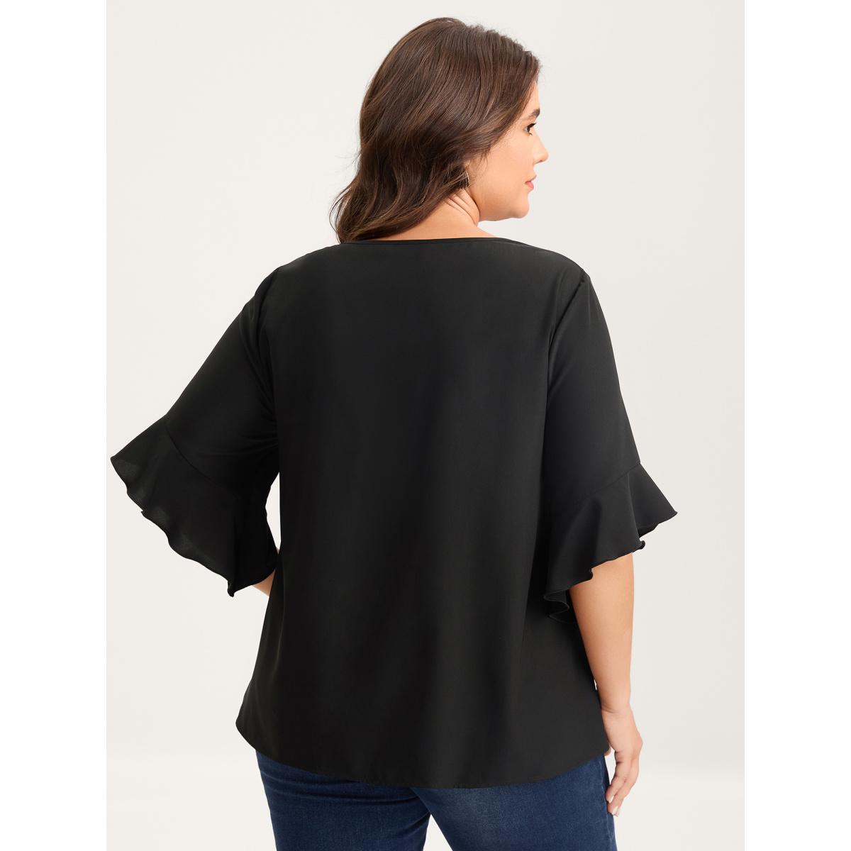 Plus Size Black Metallic Neck Detail Ruffled Solid Blouse Women Elbow-length sleeve Asymmetrical Neck Work Blouses BloomChic 18-20/2X Product Image