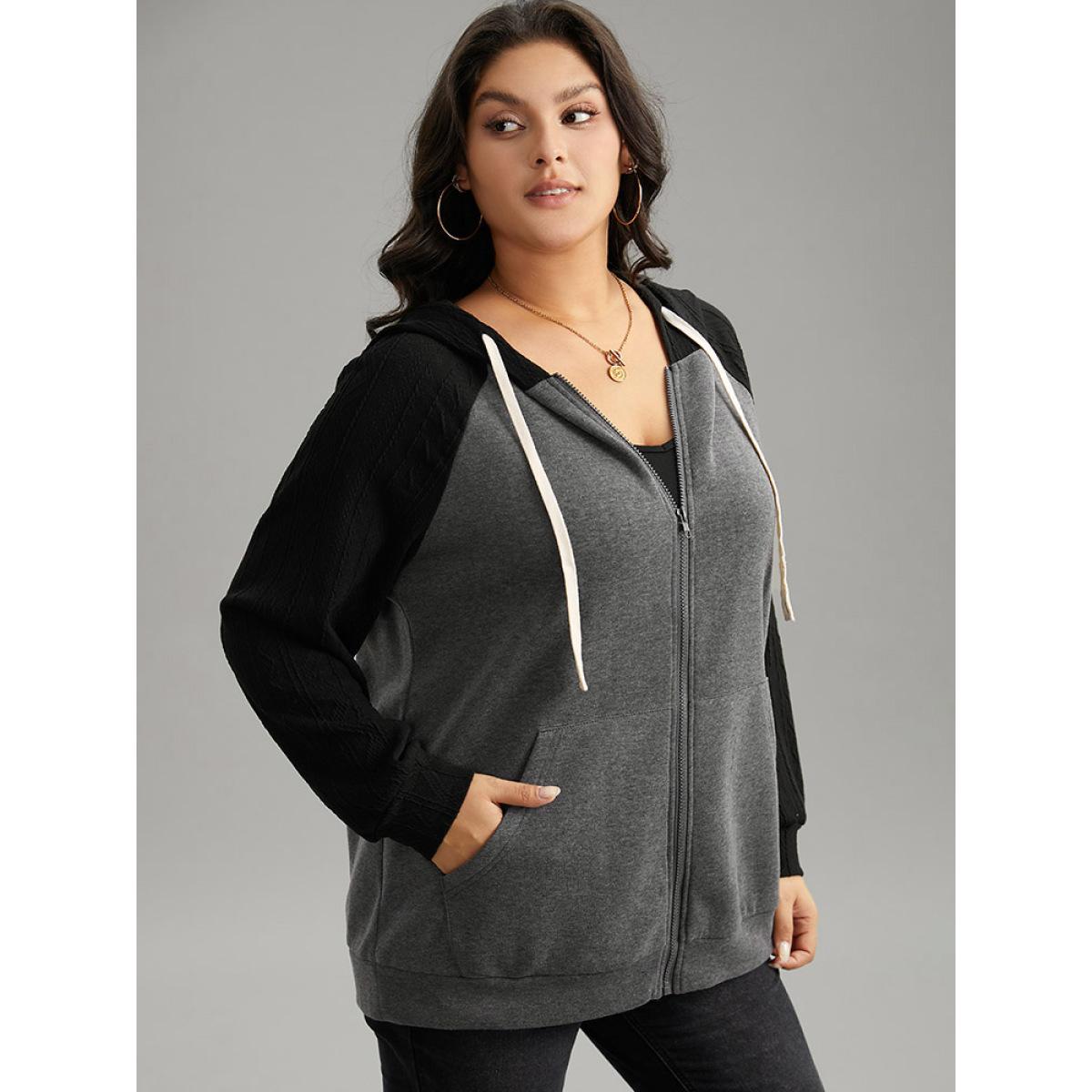 Plus Size Two Tone Textured Jacquard Hooded Jacket Women DimGray Contrast Pocket Dailywear Jackets BloomChic 10/M Product Image