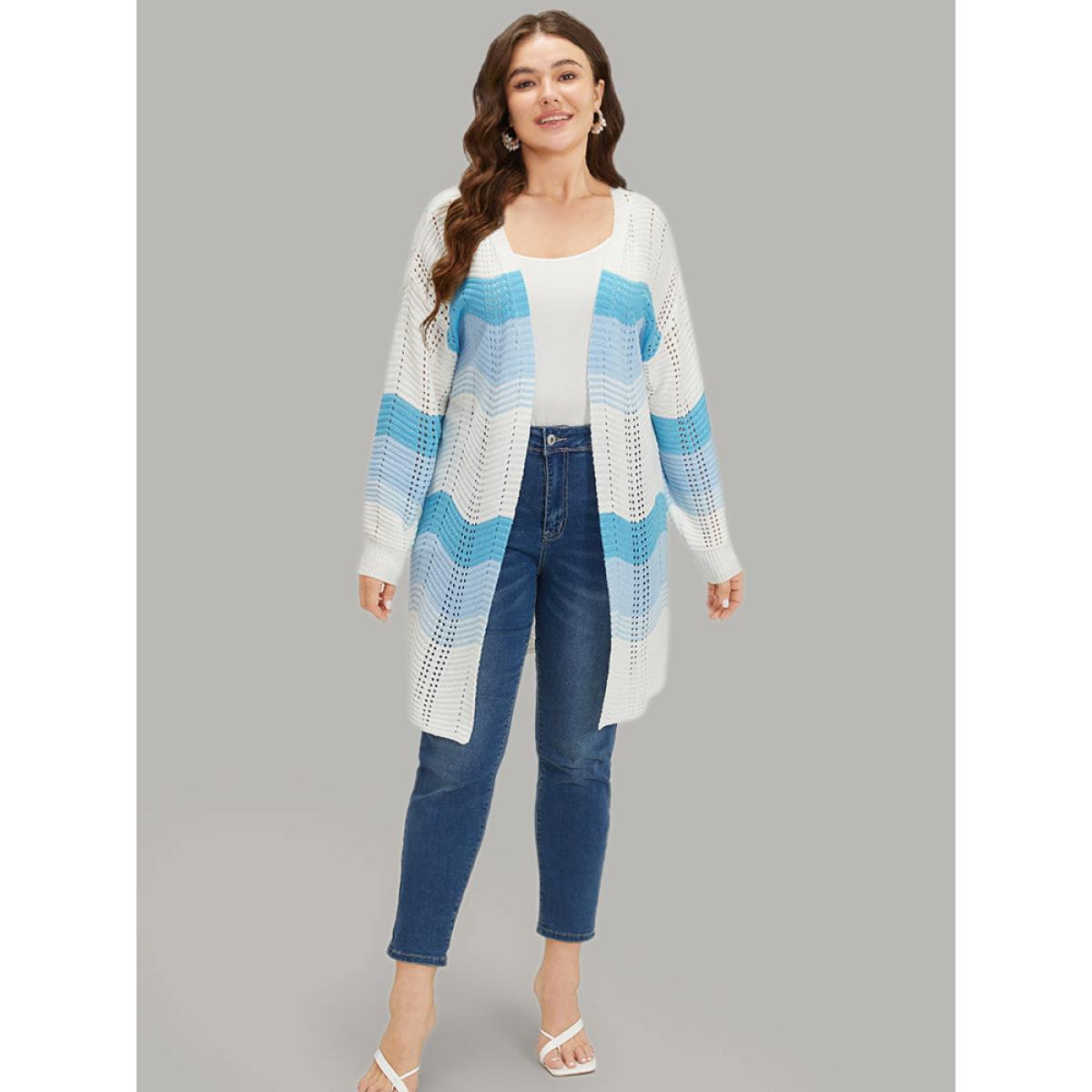 Plus Size Ombre Geo Eyelet Tunic Open Front Elastic Cuffs Cardigan Blue Women Casual Loose Long Sleeve Dailywear Cardigans BloomChic 14-16/1X Product Image