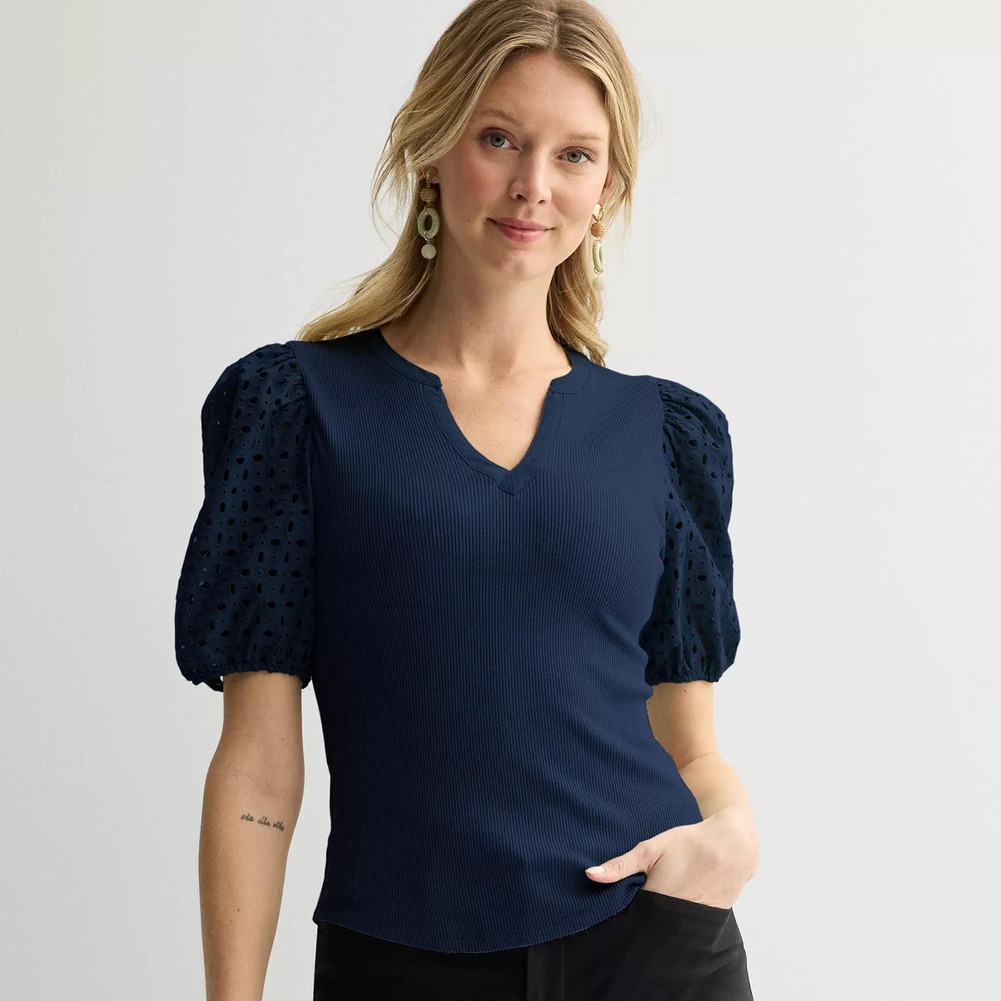 Petite Nine West Mixed Media Puffed Sleeve Y-Neck Top, Womens Product Image