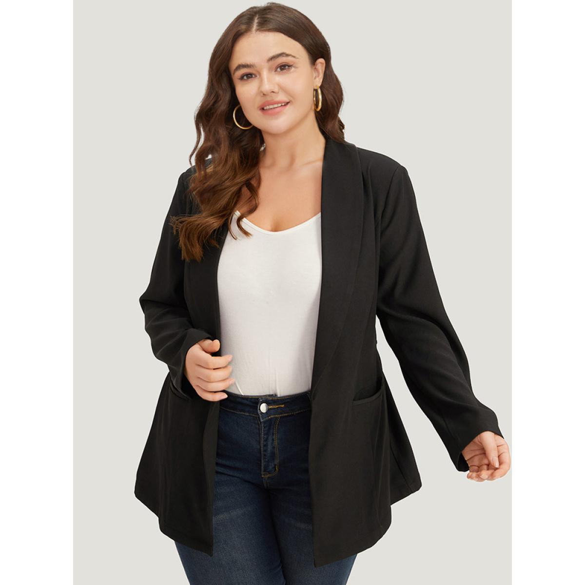 Plus Size Plain Ties Pocket Belted Lapel Collar Blazer Black Women Office Plain Plain Sleeve Long Sleeve Lapel Collar 26/4X Pocket Belt Workwear Essentials Blazers BloomChic Product Image