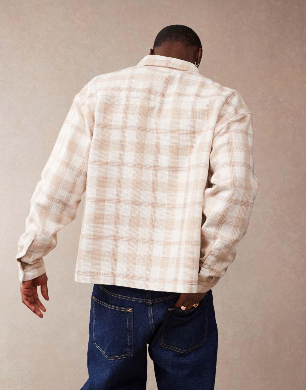 ASOS DESIGN boxy 90s oversized textured shirt in neutral plaid  Product Image