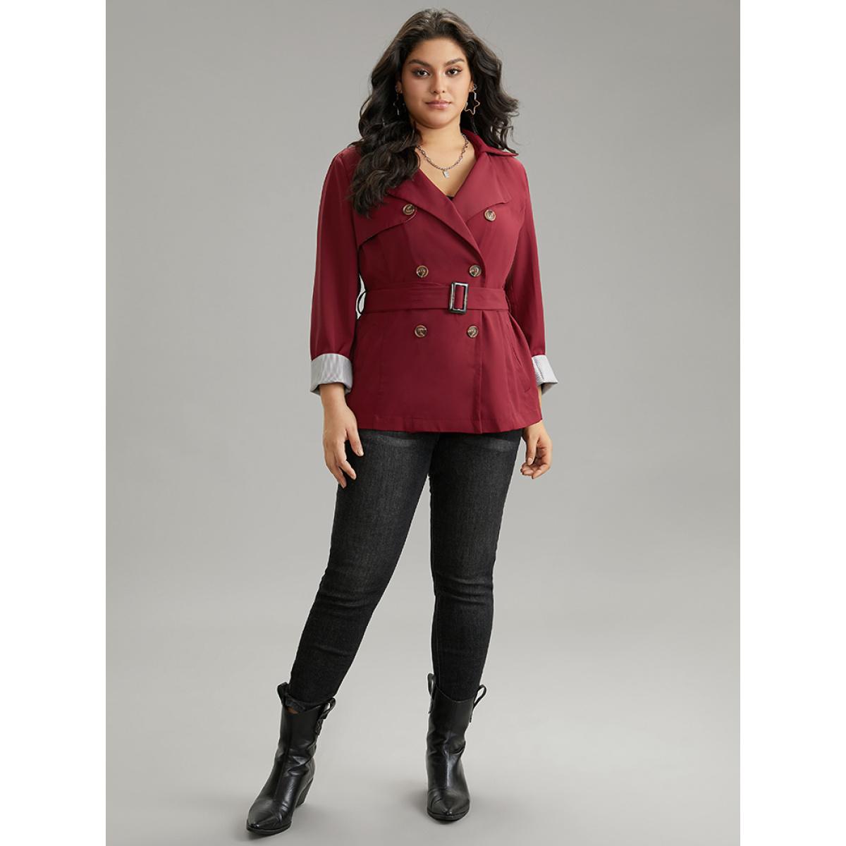 Plus Size Twill Lapel Collar Belted Button Up Buckle Detail Coat Women Burgundy Casual Plain Ladies Dailywear Winter Coats BloomChic 28/5X Product Image