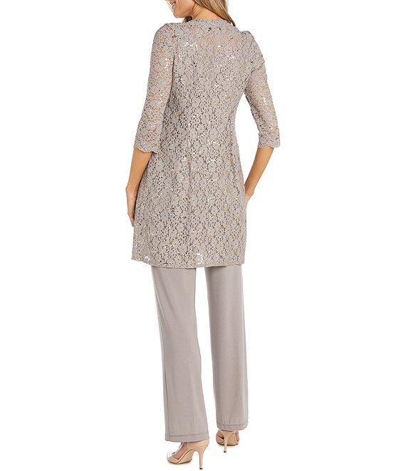 R & M Richards 3/4 Sleeve Sequin And Pearl Embellished Crew Neck Lace 3-Piece Pant Set Product Image
