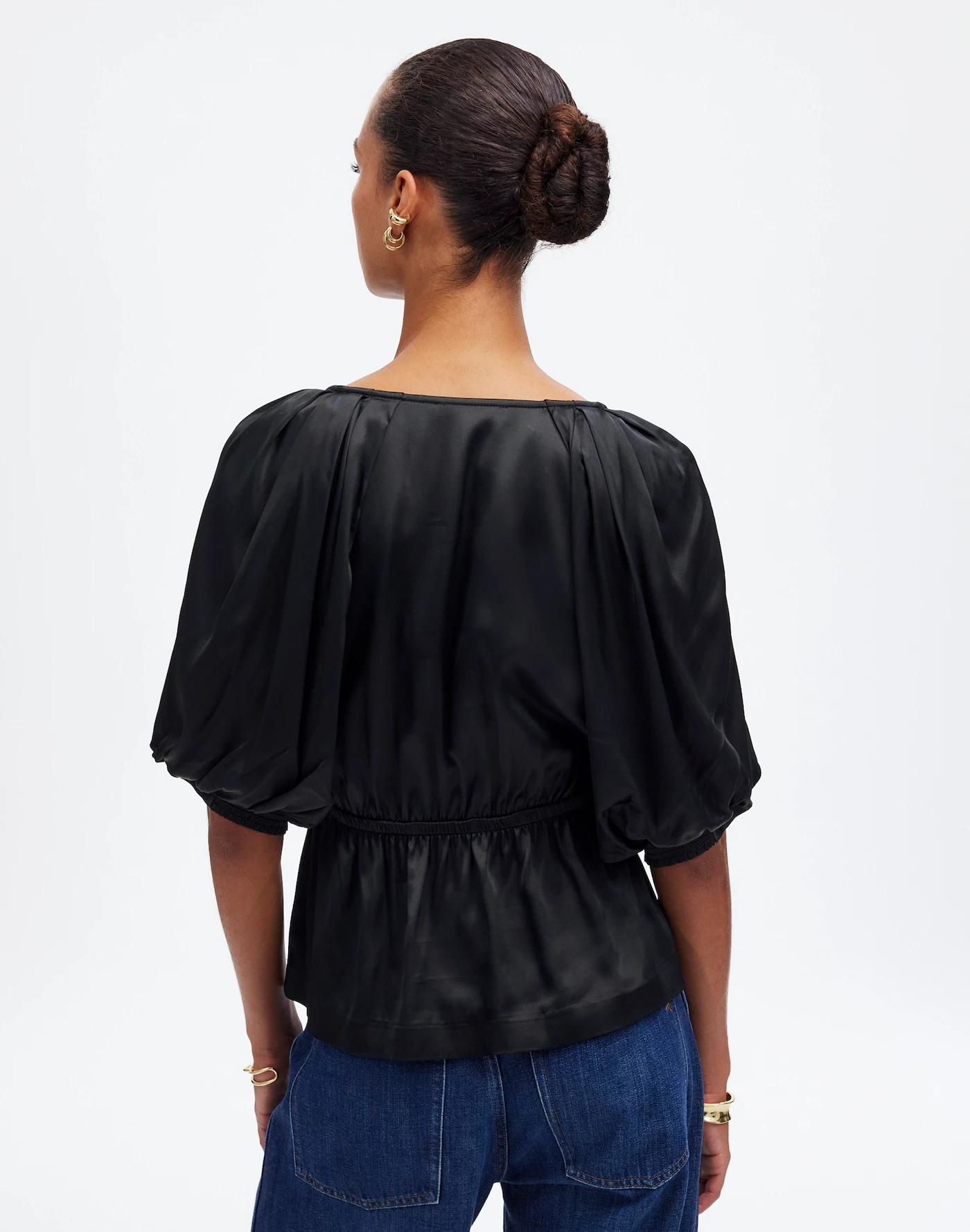 Shirred Puff-Sleeve Top in Satin Product Image