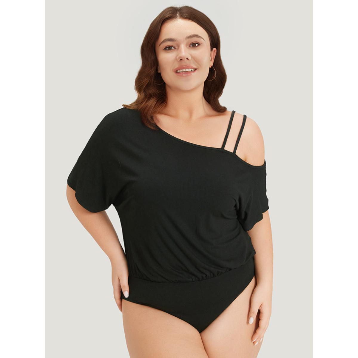 Plus Size Plain One Shoulder Batwing Sleeve Cami Bodysuit Women Black Plain One-shoulder Bodysuits BloomChic 22-24/3X Product Image