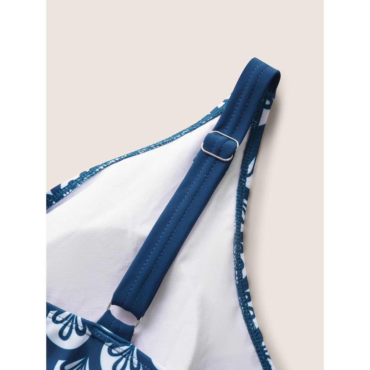 Plus Size Geometric Overlap Collar Gathered One Piece Swimsuit Women's Swimwear Aegean Beach Gathered Curve Bathing Suits High stretch One Pieces BloomChic 12/L Product Image