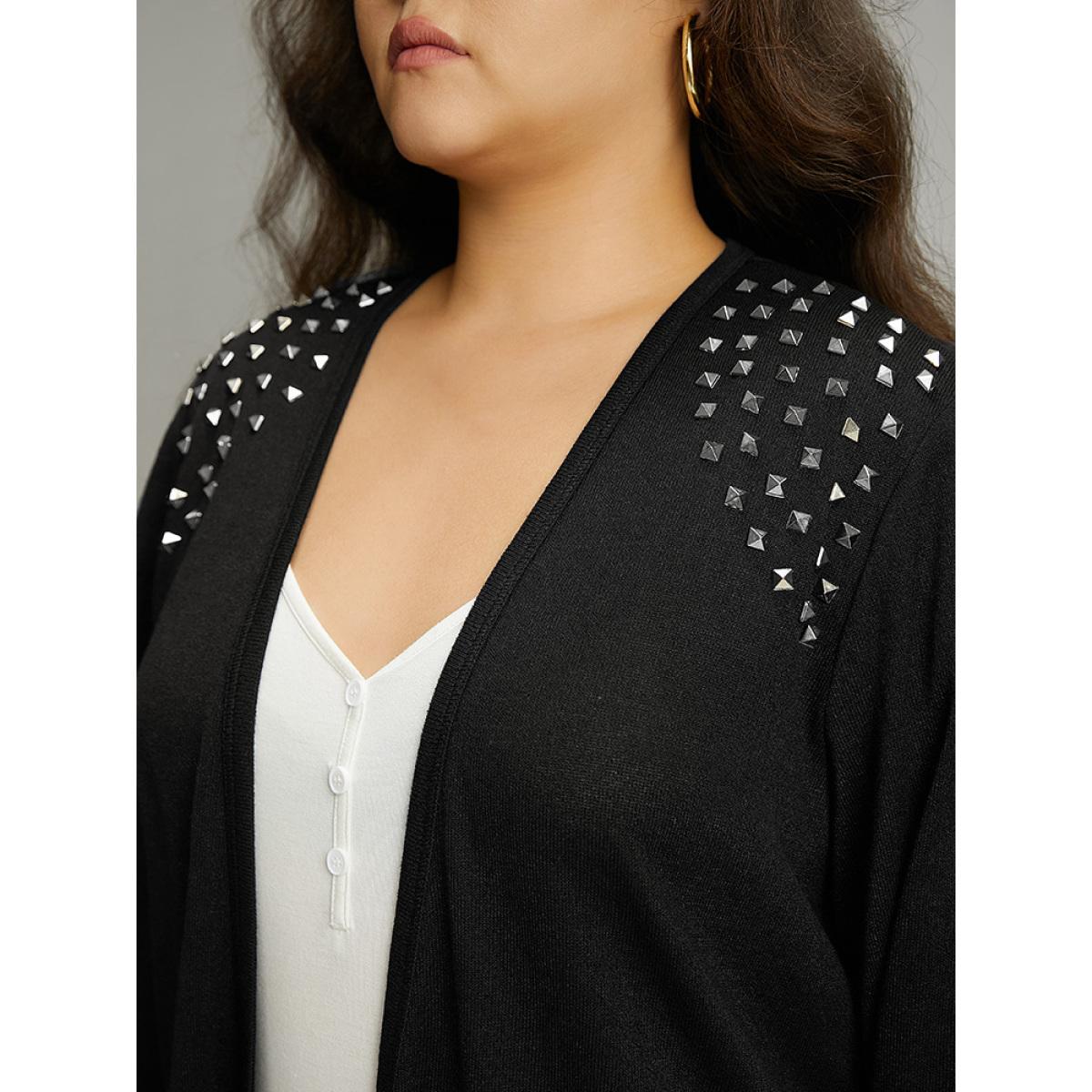 Plus Size Plain Rivets Detail Open Front Asymmetrical Hem Kimono Women Black Work From Home Texture Work Kimonos BloomChic 12/L Product Image