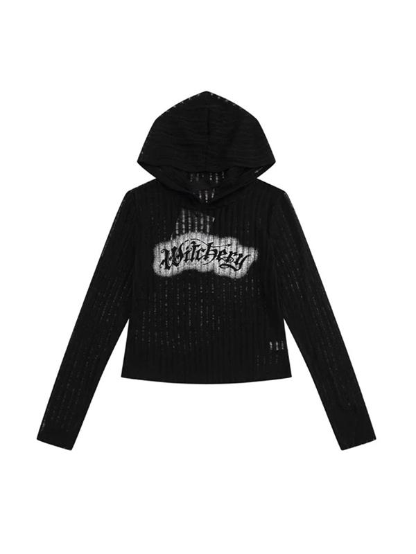 Letter Print Hooded Thin Long Sleeve Knit Product Image