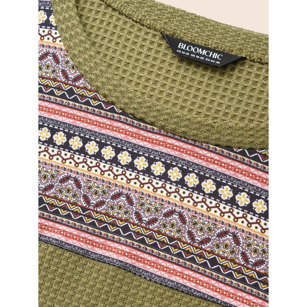 Plus Size Boho Print Patchwork Waffle Knit Crew Neck Sweatshirt Women ArmyGreen Leisure Elastic cuffs Round Neck Casual Sweatshirts BloomChic 22-24/3X Product Image