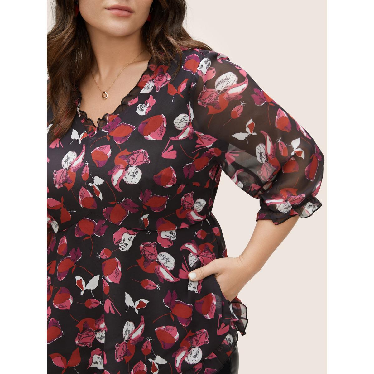 Plus Size Black Floral Mesh Patchwork Ruffle Trim Blouse Women Cocktail Elbow-length sleeve V-neck Party Blouses BloomChic 22-24/3X Product Image