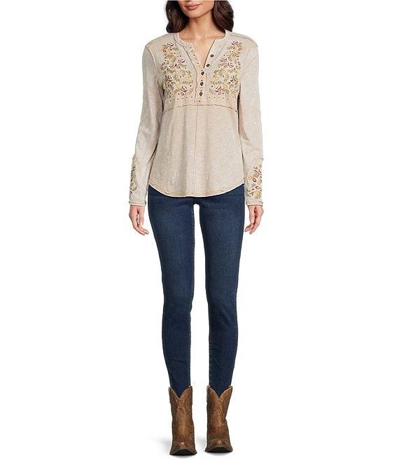 Reba Sedona Scoop Neck Long Sleeve Embroidered Henley Tee Product Image