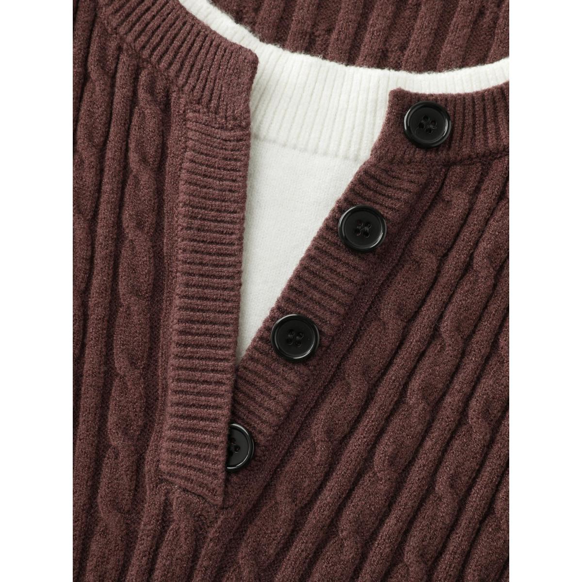 Plus Size Supersoft Cable Knit Henley Pullover Browncoffeecolor Women Leisure Loose Long Sleeve Round Neck Casual Pullovers BloomChic 18-20/2X Product Image