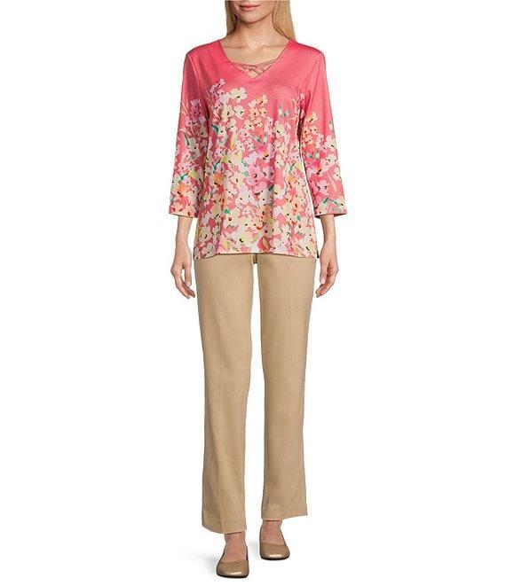 Allison Daley Petite Size Living Floral Print 3/4 Sleeve Criss Cross V-Neck Knit Top Product Image
