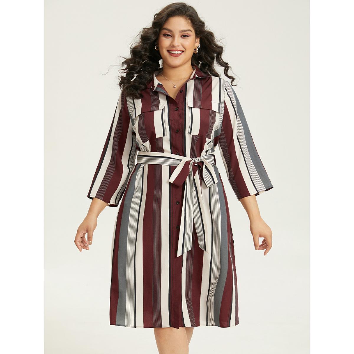 Plus Size Striped Contrast Pocket Button Through Belted Shirt Collar Dress Multicolor Women Work From Home Belted Shirt collar Elbow-length sleeve Curvy Midi Dress BloomChic 30/6X Product Image