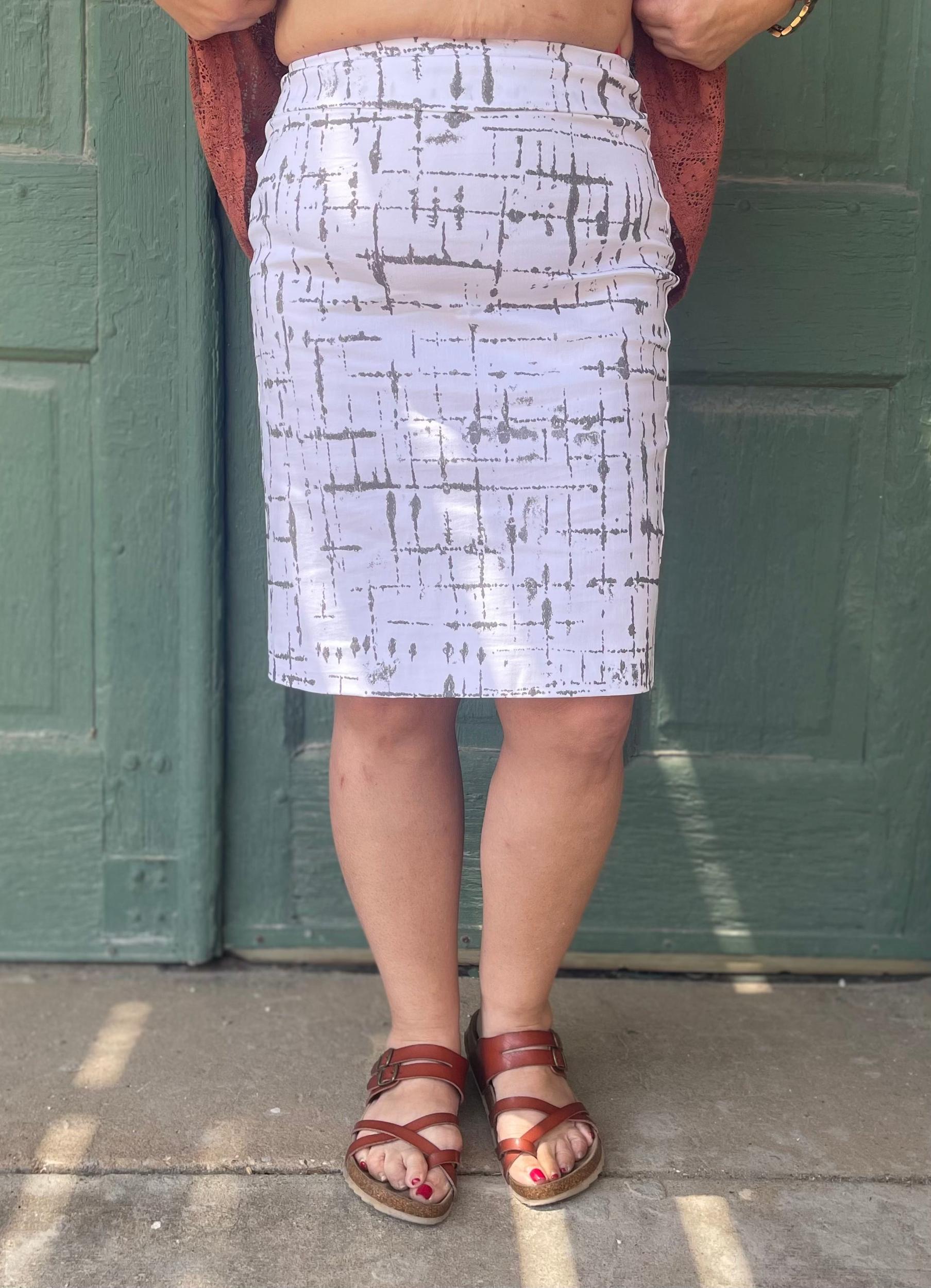Camille Taupe Lines Pull-On Pencil Skirt by Krazy Larry Product Image