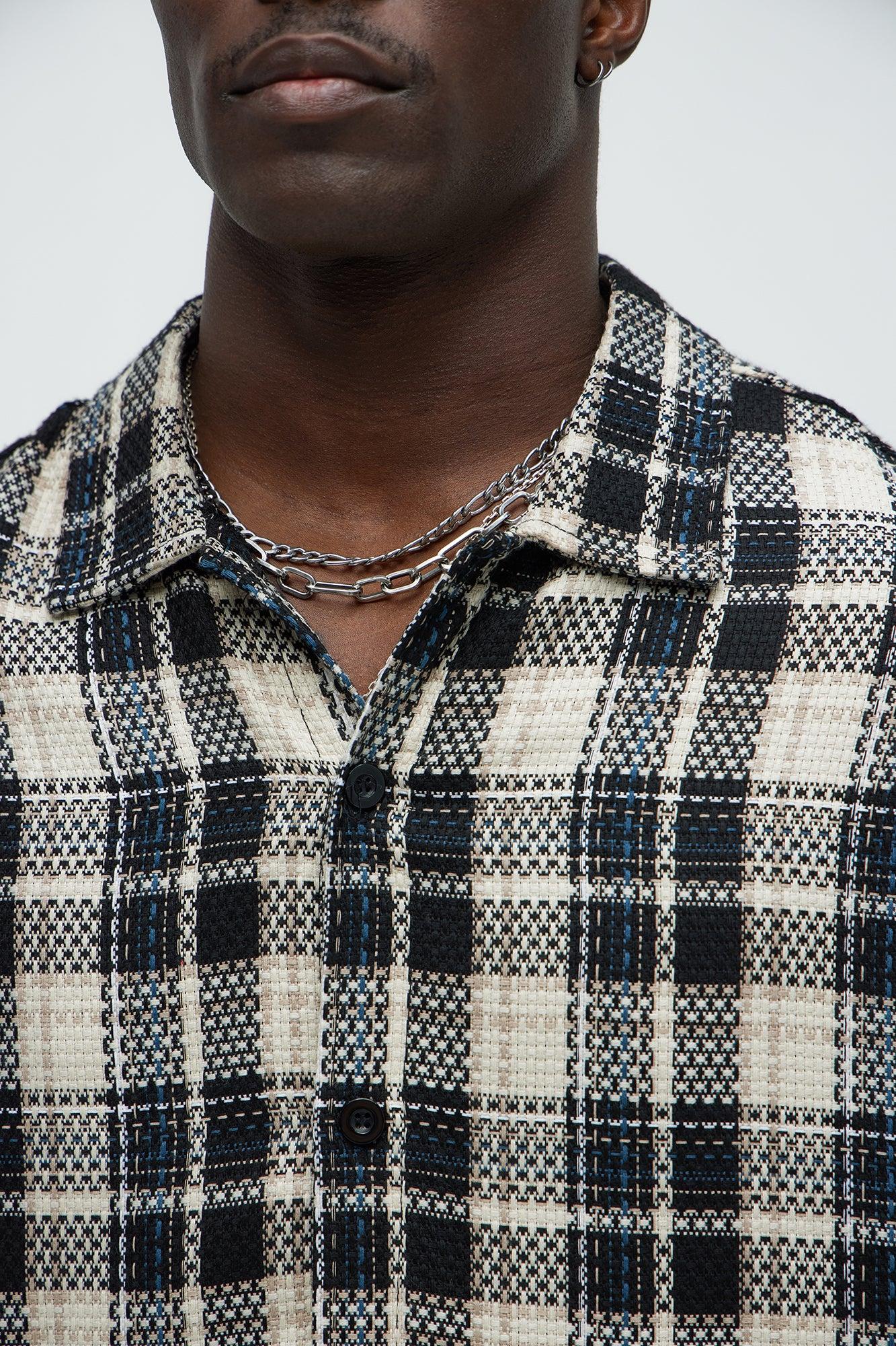 Plaid Basket Weave Cropped Button Up Shirt - Black/combo Product Image
