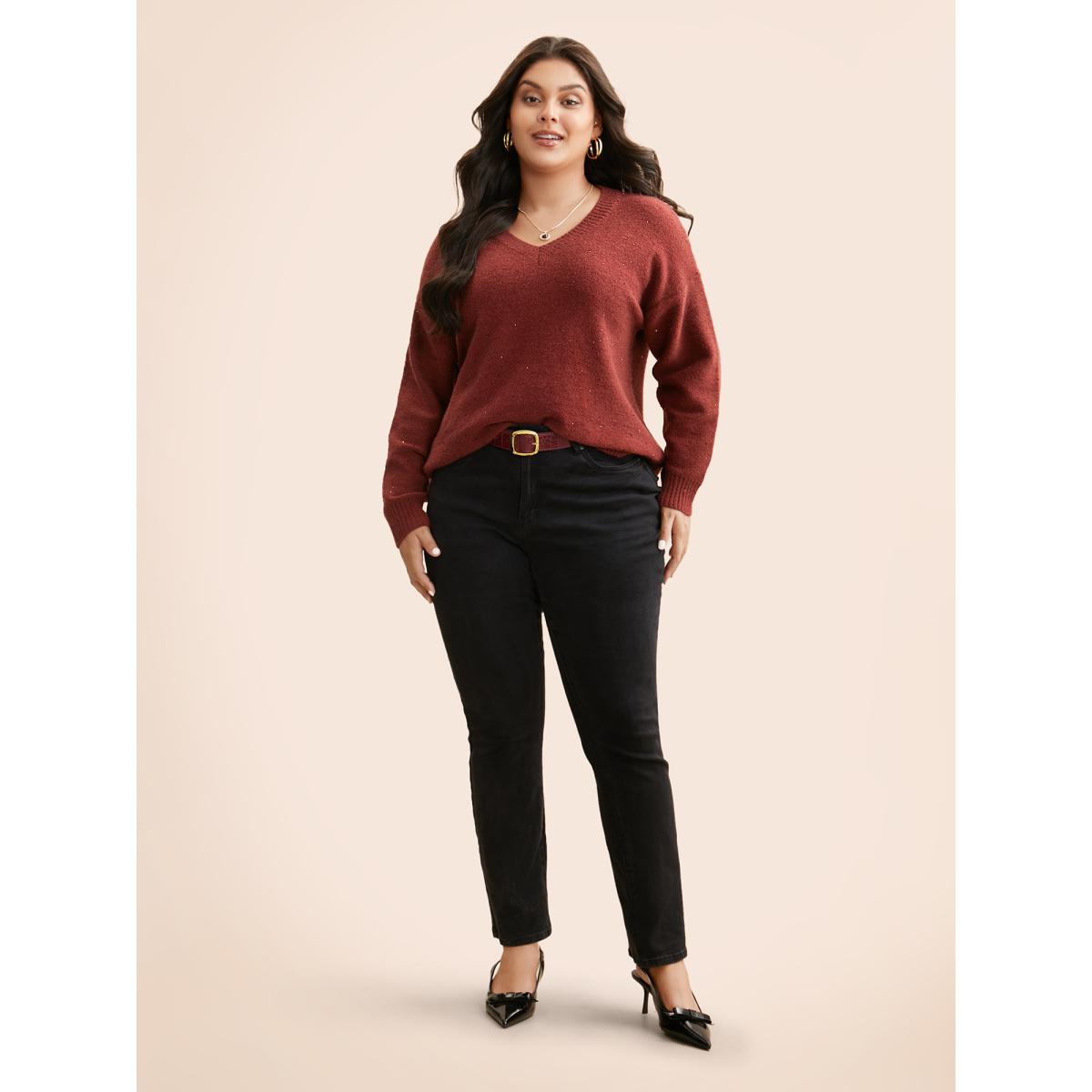 Plus Size V Neck Glitter Dropped Shoulder Split Hem Pullover Deepred Women Casual Loose Long Sleeve V-neck Everyday Pullovers BloomChic 14-16/1X Product Image