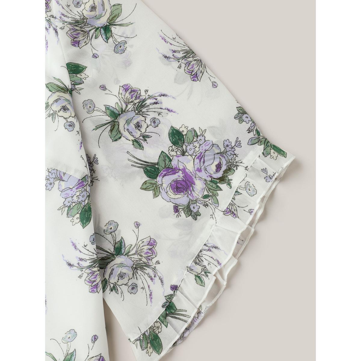 Plus Size Originalwhite Chiffon Floral Ruffled Edges Shirt Women Elegant Elbow-length sleeve Round Neck Everyday Blouses BloomChic 10/M Product Image