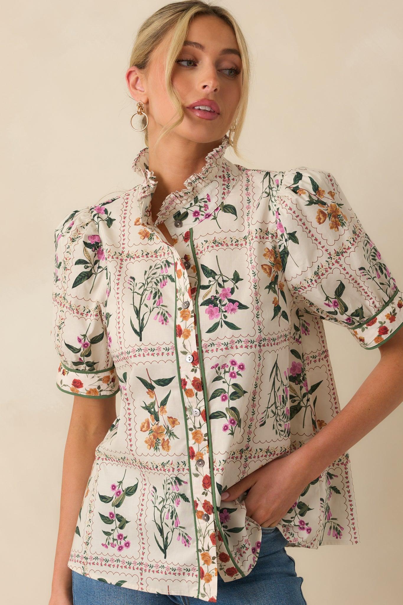 Full Of Light Ivory Multi Floral Print Cotton Button Up Top L / Ivory Product Image