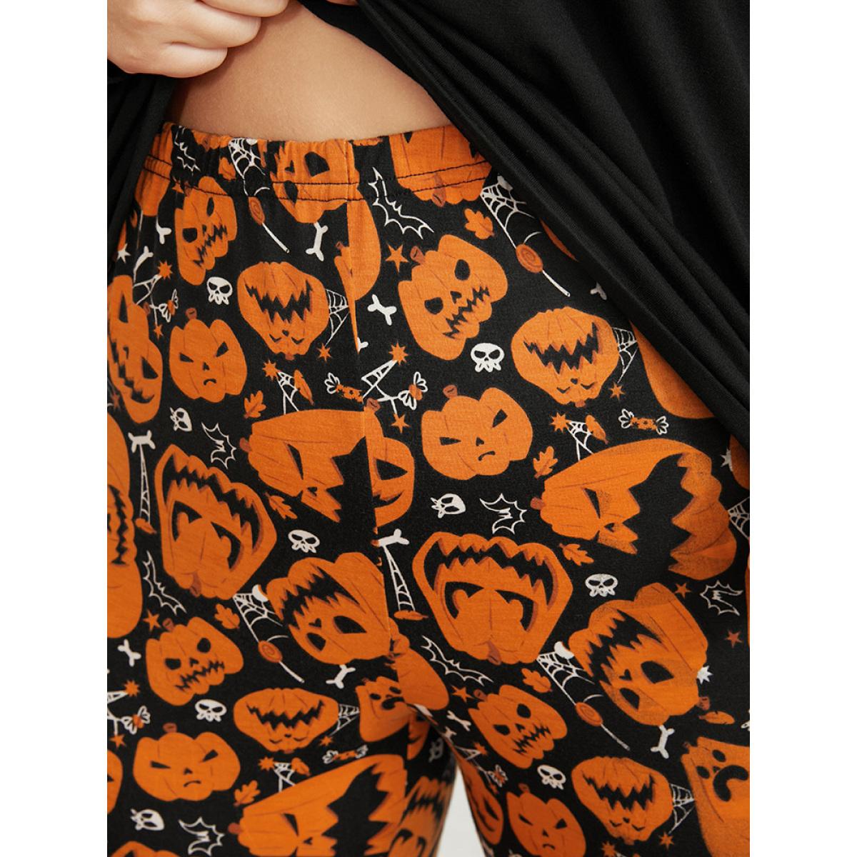 Plus Size Halloween Pumpkin Print Party Pajama Set Women Orange Graphic-Halloween Printed Long Sleeve Round Neck Casual Loungewear Sets BloomChic 10/M Product Image