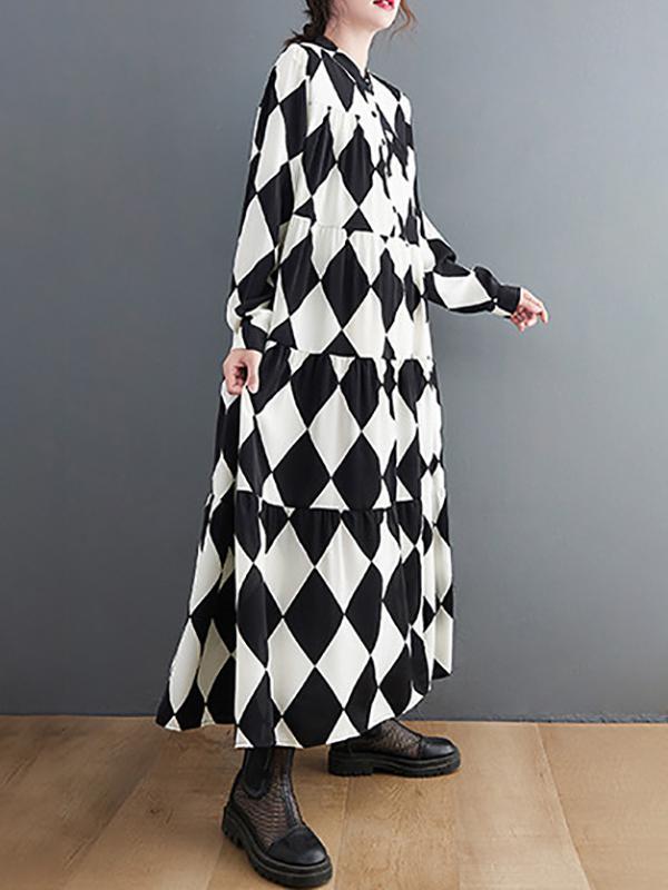 A-Line Long Sleeves Buttoned Plaid Polo Midi Dresses Product Image