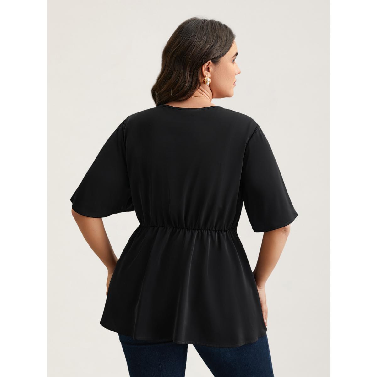 Plus Size Black V-Neck Stretchy-Waist Button Flared Blouse Women Elegant Short sleeve Deep V-neck Everyday Blouses BloomChic 22-24/3X Product Image