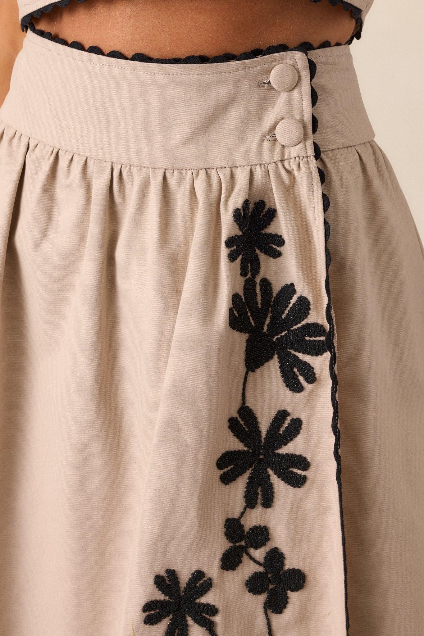 Lovely Blooms Taupe Embroidered Floral Midi Skirt Product Image