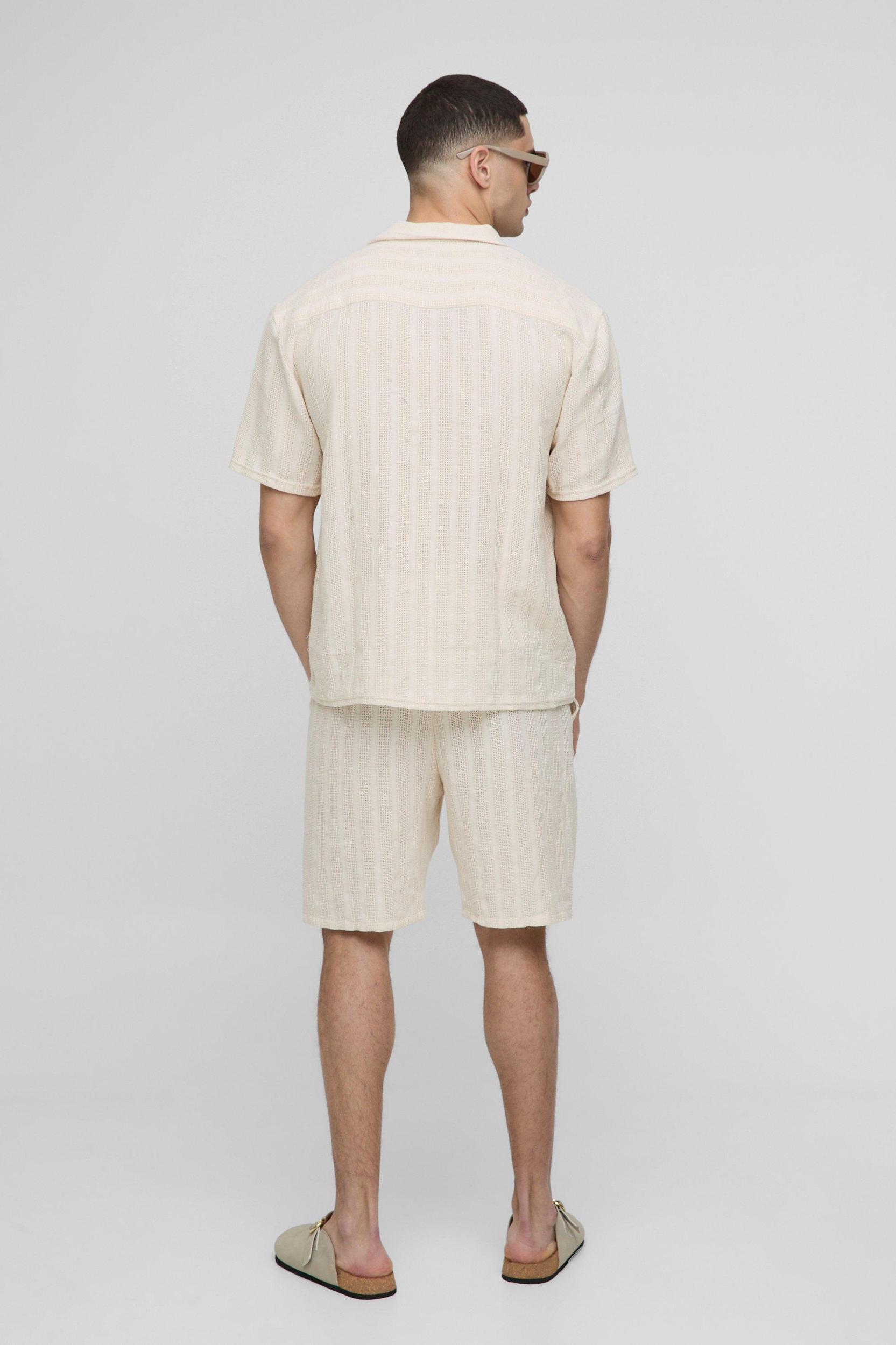 Oversized Textured Stripe Revere Shirt & Short Set | boohooMAN USA Product Image