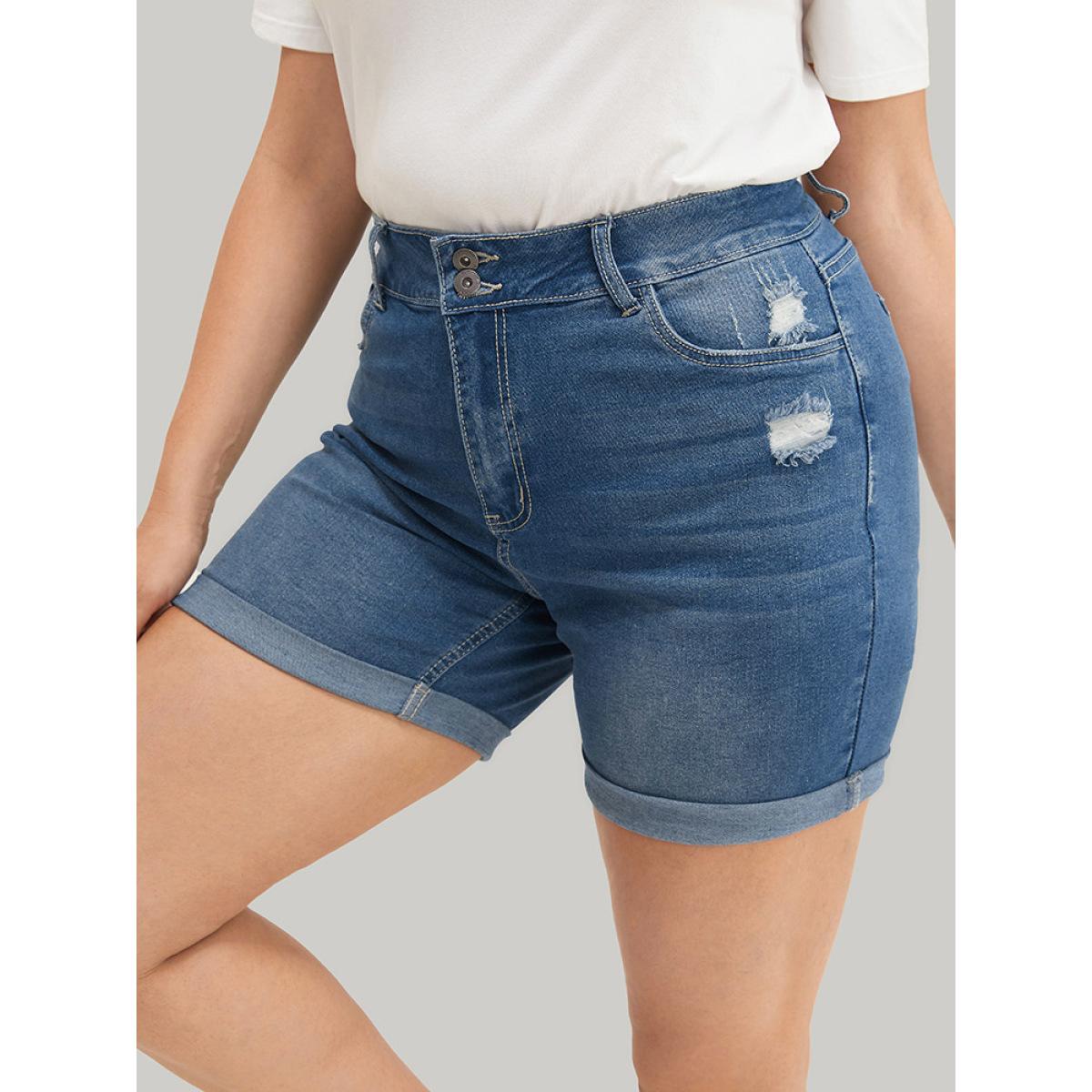 Plus Size Moderately Stretchy High Rise Roll Hem Single Breasted Jeans Women Blue Casual Plain Medium stretch Pocket Jeans BloomChic 10/M Product Image