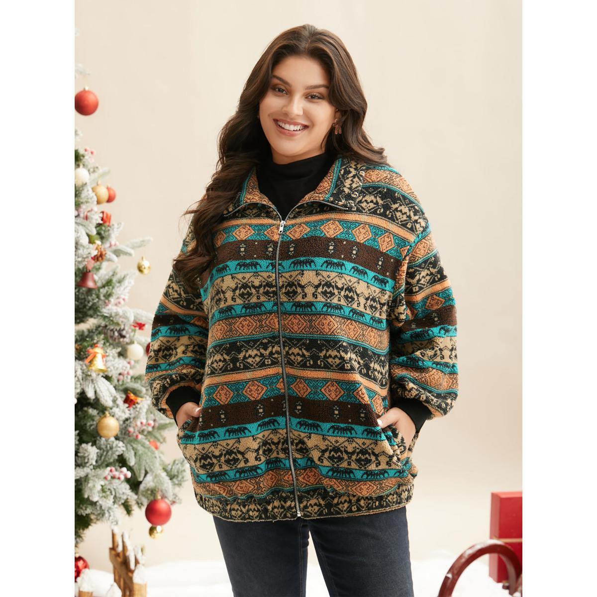 Plus Size Holiday Zipper Collared Jacket Women Multicolor Contrast Loose Slanted pocket Everyday Jackets BloomChic 14-16/1X Product Image