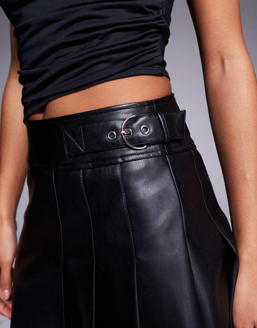 River Island faux leather pleated mini skirt in black Product Image