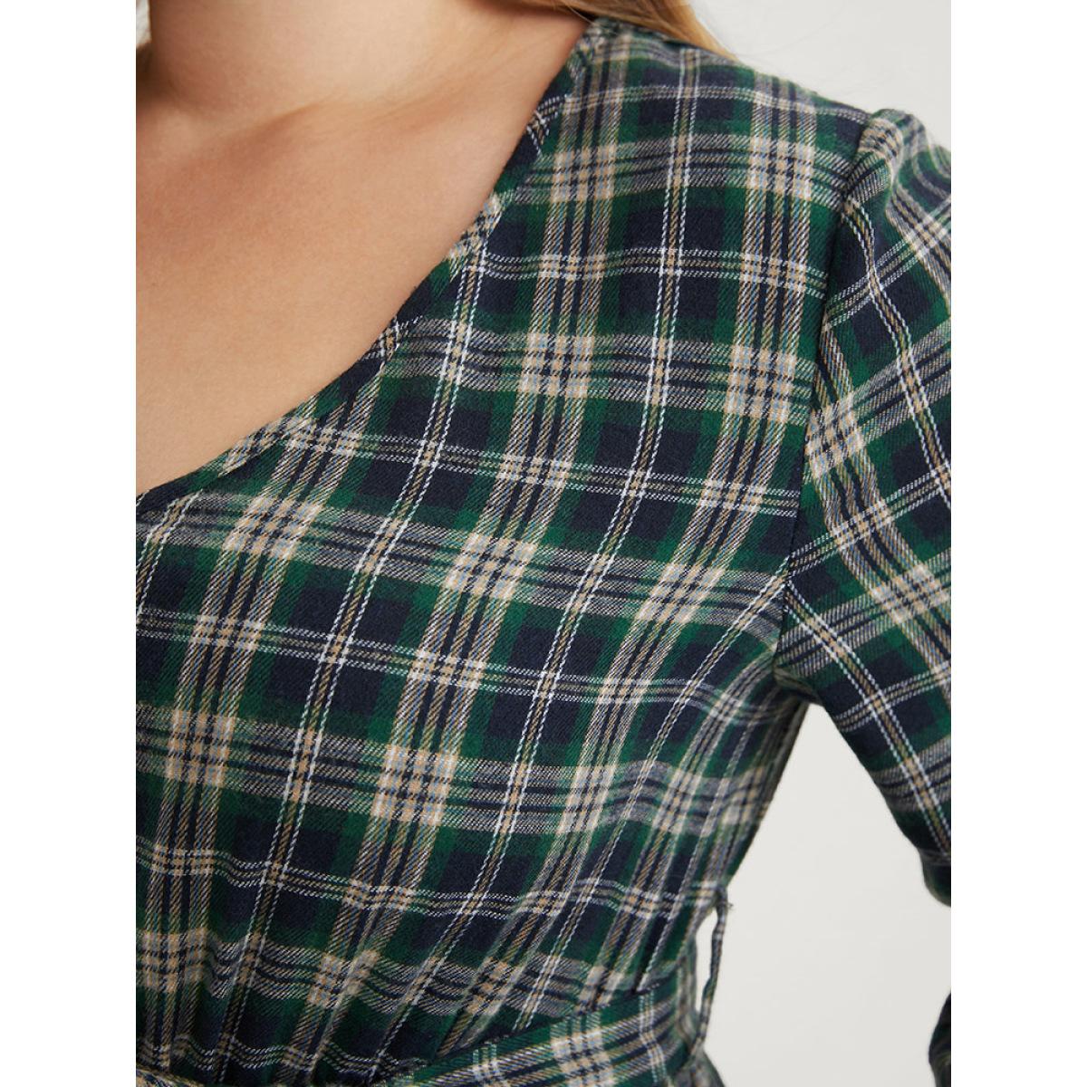 Plus Size Tartan Pocket Belted Lantern Sleeve Ruffle Tiered Dress Emerald Women Casual V-neck Long Sleeve Curvy Midi Dress BloomChic 28/5X Product Image