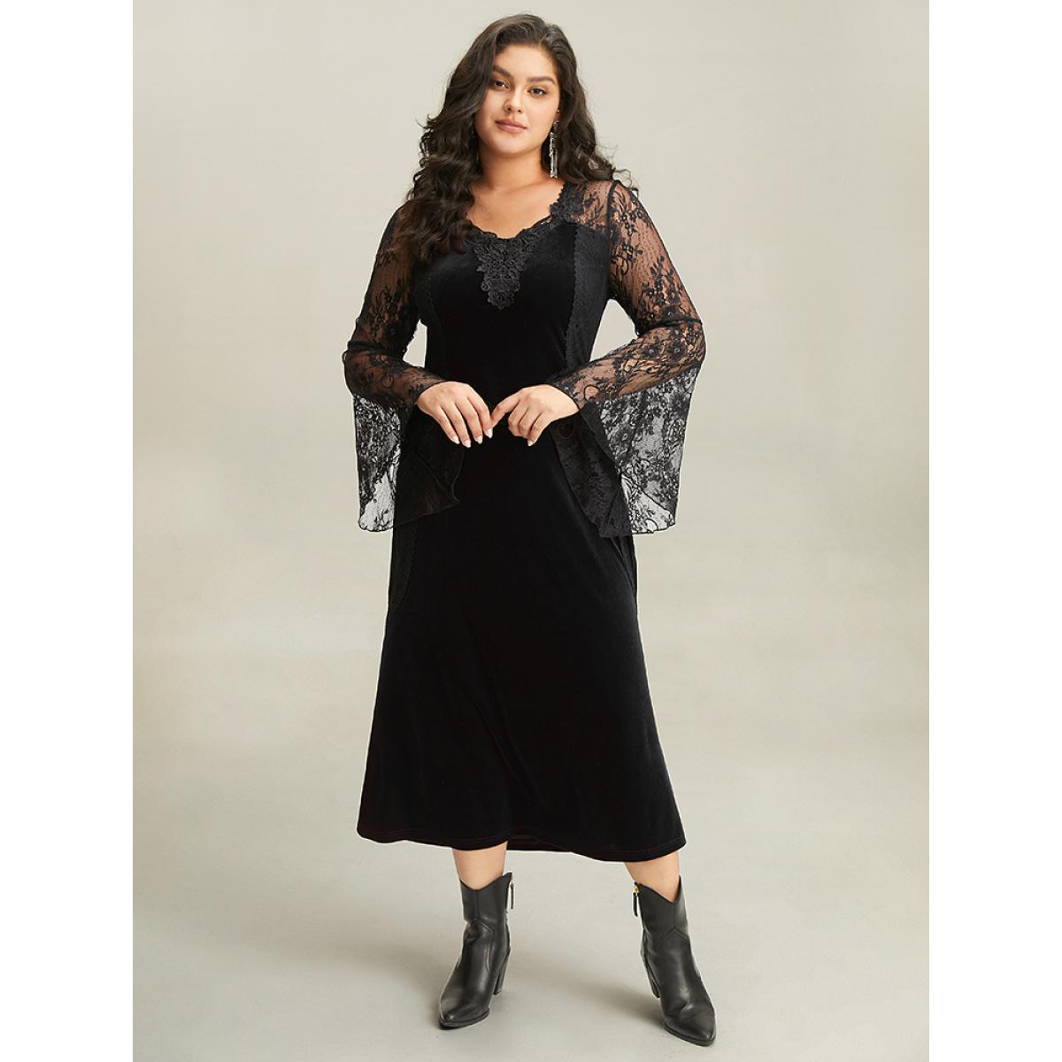 Plus Size Halloween Eyelet Lace Mesh Bell Sleeve Dress Black Women Elegant See through Round Neck Long Sleeve Curvy Midi Dress BloomChic 26/4X Product Image