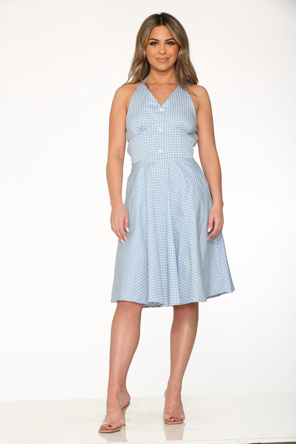 Blue White Checkmate Halter Swing Dress Product Image