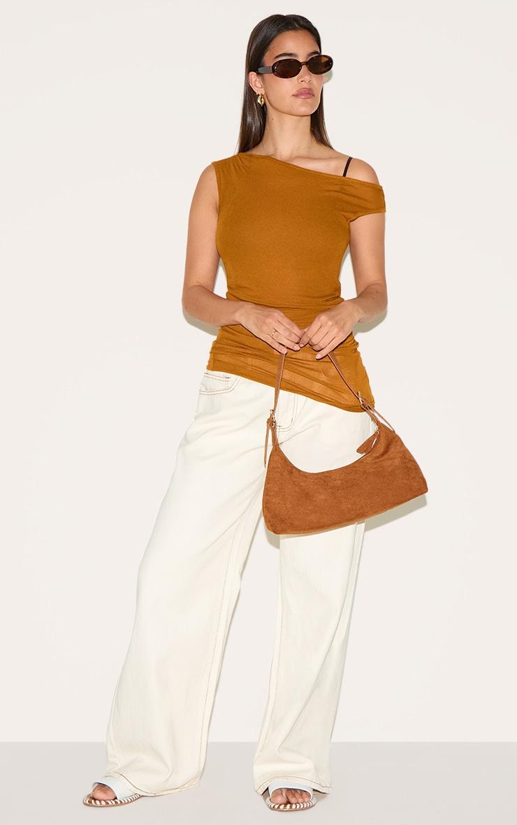  Tan Sheer Soft Touch Cowl Neck Long Vest Top Product Image