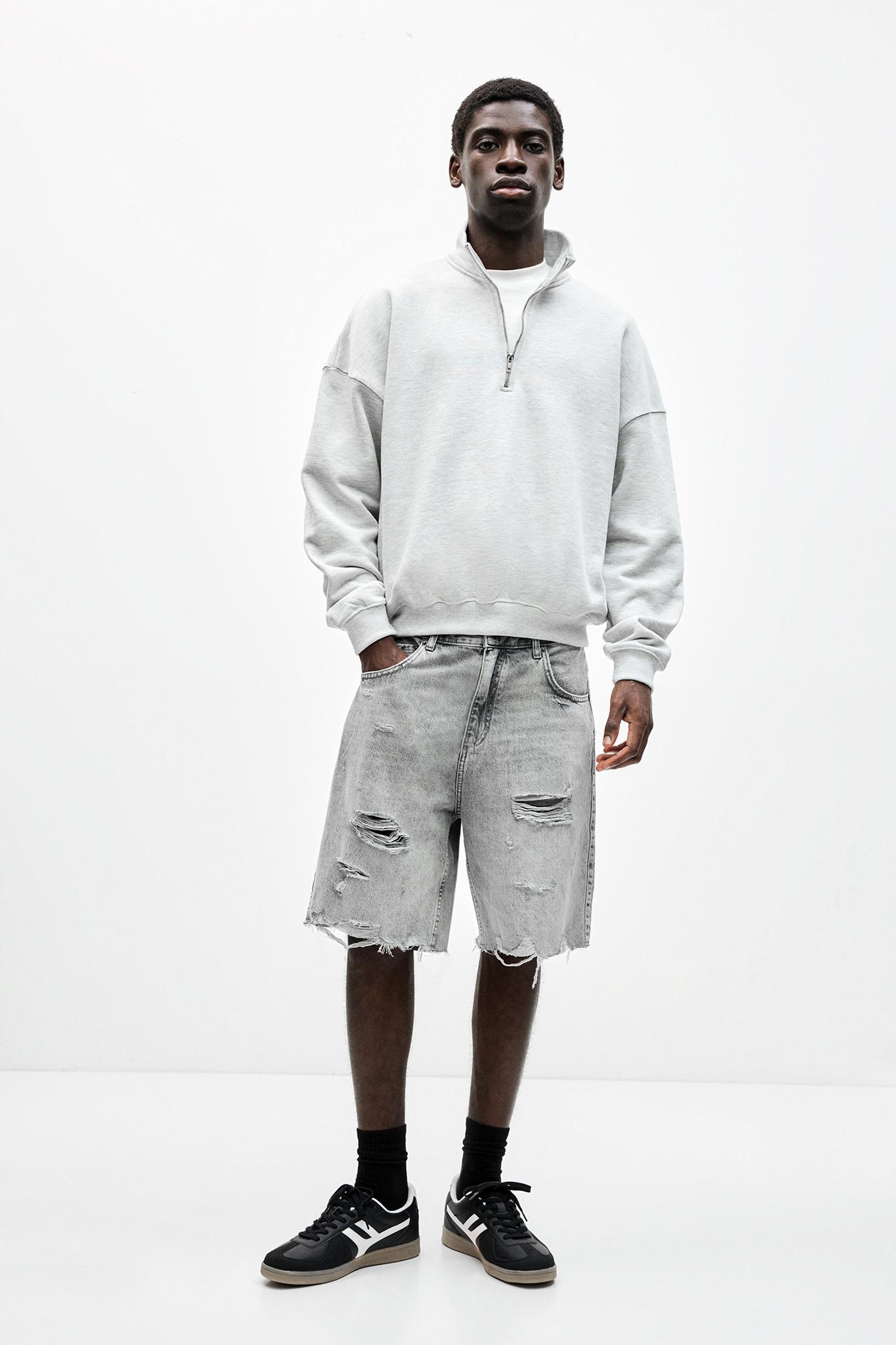 Ripped straight fit denim Bermuda shorts Product Image