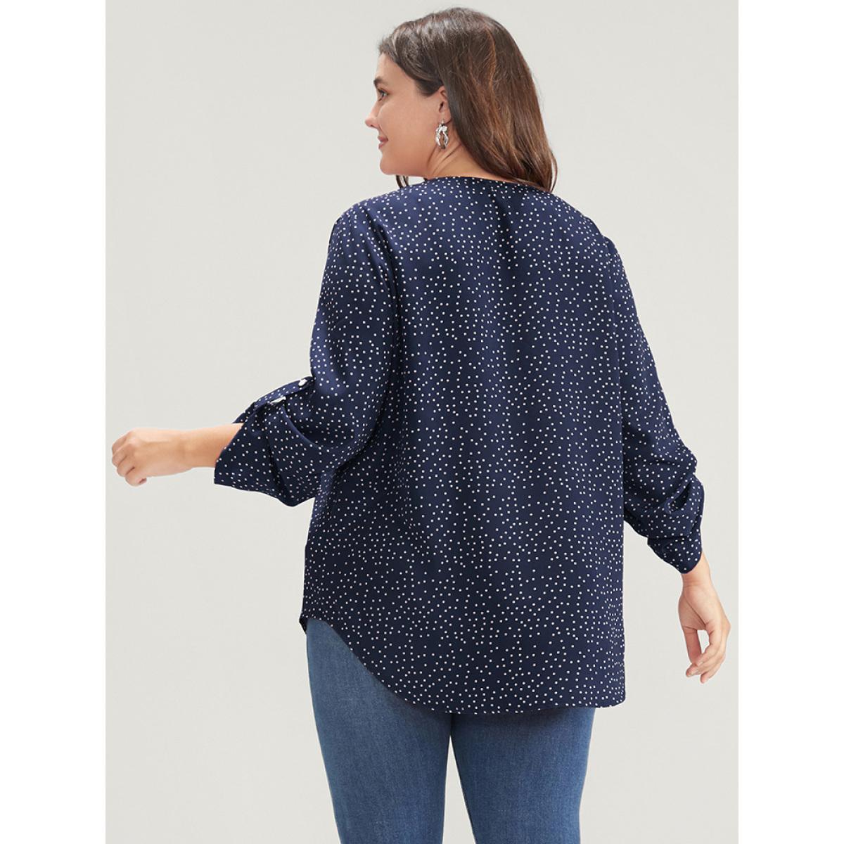 Plus Size DarkBlue Polka Dot Roll Sleeve V Neck Blouse Women Elegant Elbow-length sleeve V-neck Dailywear Blouses BloomChic 28/5X Product Image