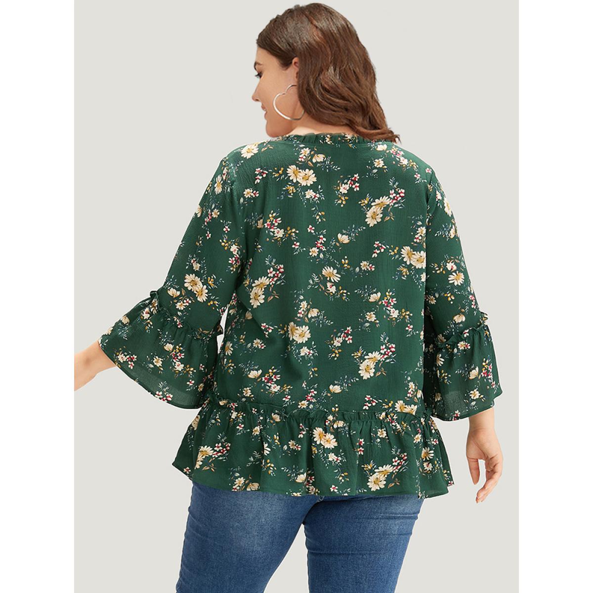 Plus Size DarkGreen Floral Print Knot Neck Ruffle Trim Blouse Women Elegant Elbow-length sleeve Tie Neck Dailywear Blouses BloomChic 12/L Product Image