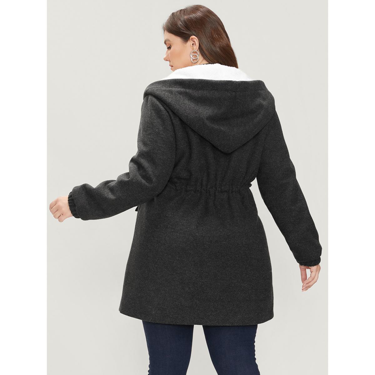 Plus Size Solid Flap Pocket Button Up Drawstring Teddy Lined Hooded Coat Women Black Casual Plain Loose Ladies Dailywear Winter Coats BloomChic 26/4X Product Image