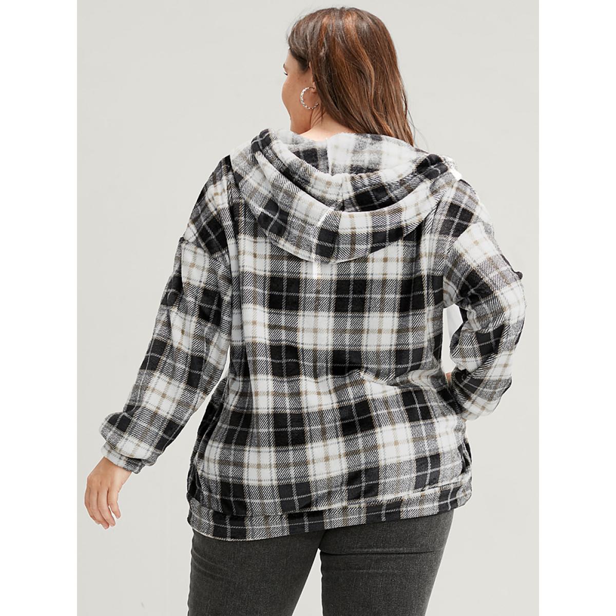 Plus Size Plaid Pocket Half Zipper Drawstring Hooded Sweatshirt Women DarkGray Casual Pocket Hooded Dailywear Sweatshirts BloomChic 10/M Product Image