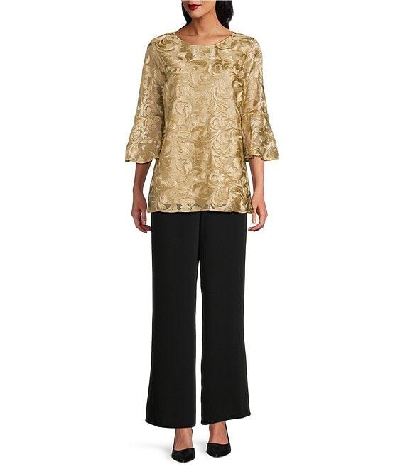 Caroline Rose Bella Soiree Embroidered Mesh Lace Scoop Neck 3/4 Bell Sleeve Tunic Product Image