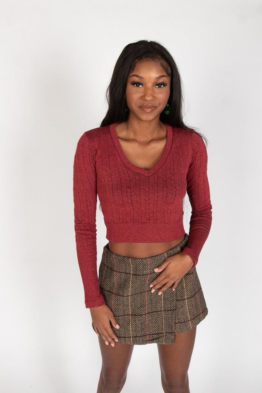 Cable Knit V Neck Crop Top Product Image
