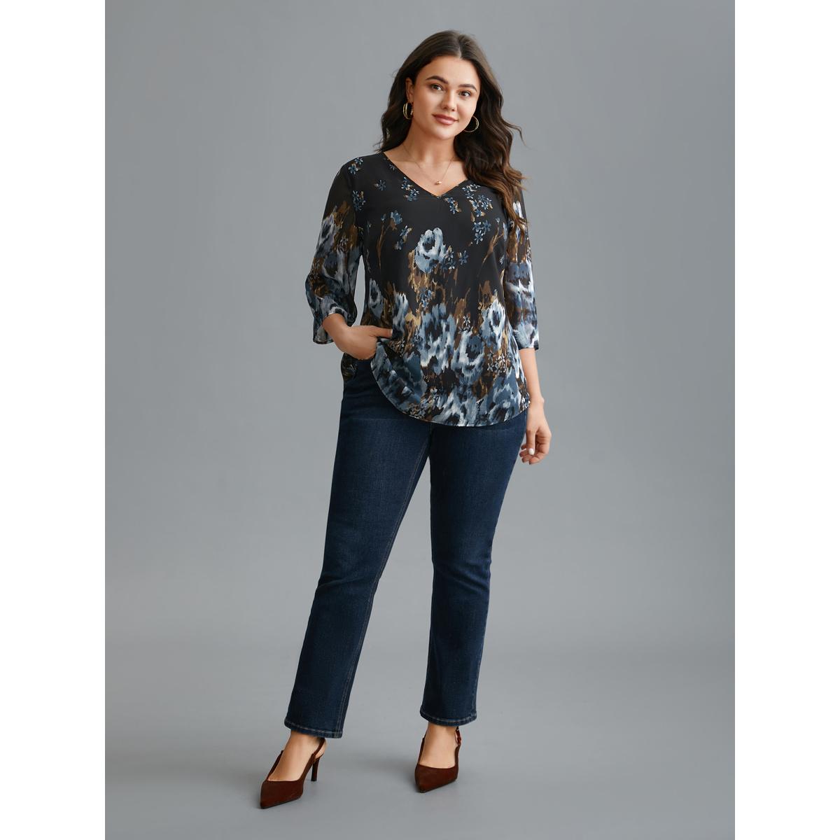 Plus Size Black V Neck Floral Bell Sleeve Blouse Women Elegant Elbow-length sleeve V-neck Everyday Blouses BloomChic 22-24/3X Product Image